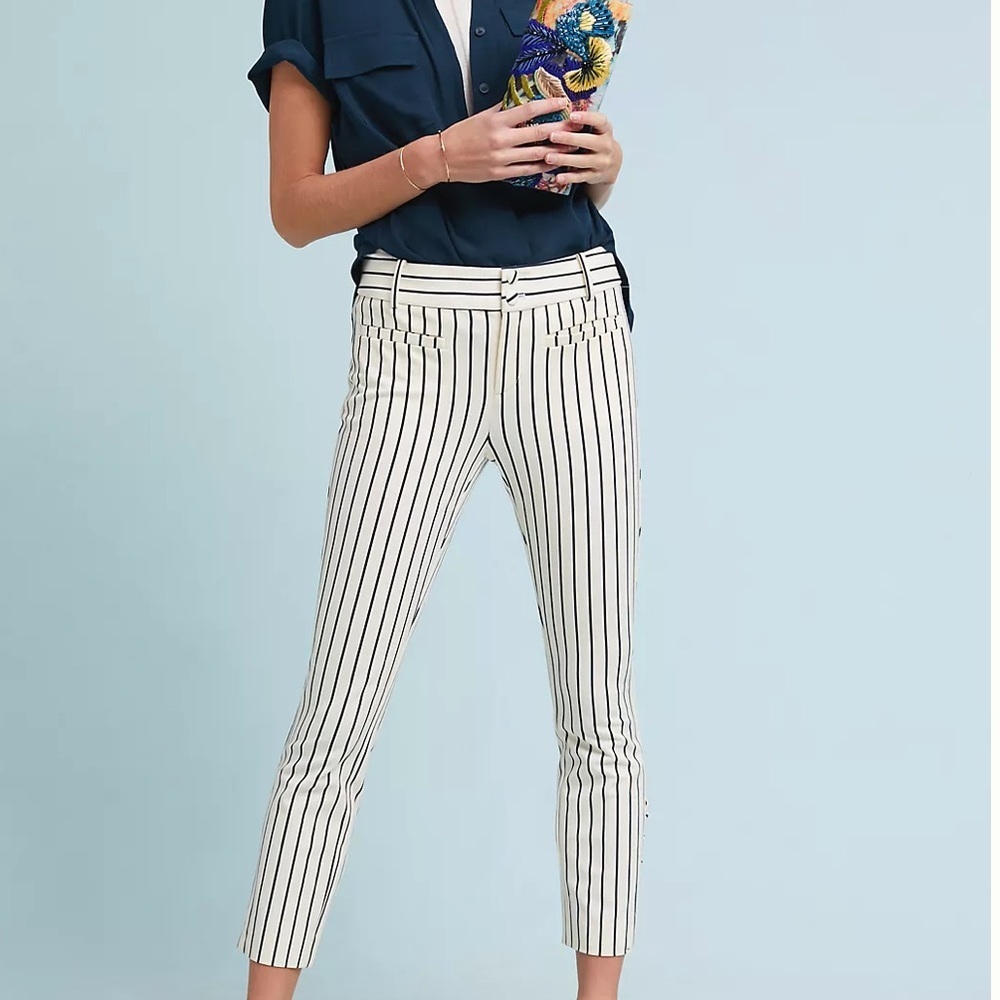 Anthropologie Ladies Essential Striped Slim Trouser EUC Cream/Blue SZE 8